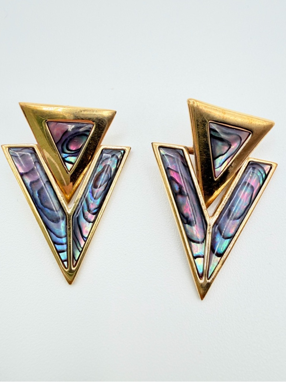 Vintage Butler Abalone Triangle Earrings Gold Tone Geometric 80s